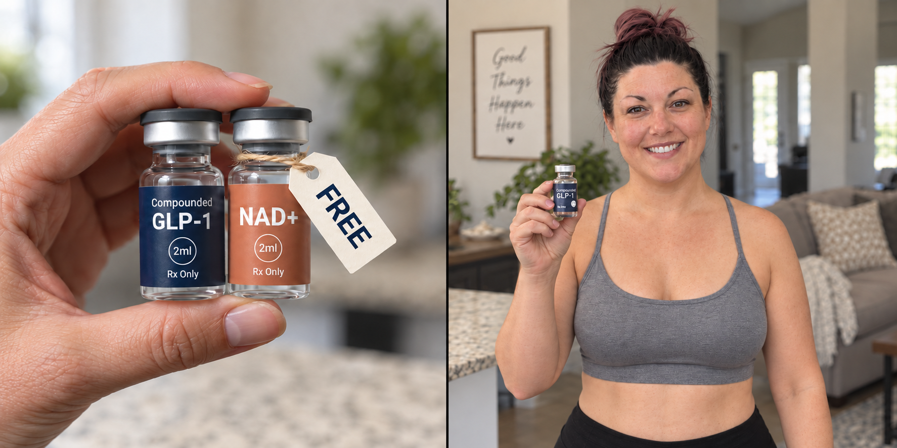 GLP 1 and complimentary NAD+ treatment beside a smiling woman holding her GLP 1 vial